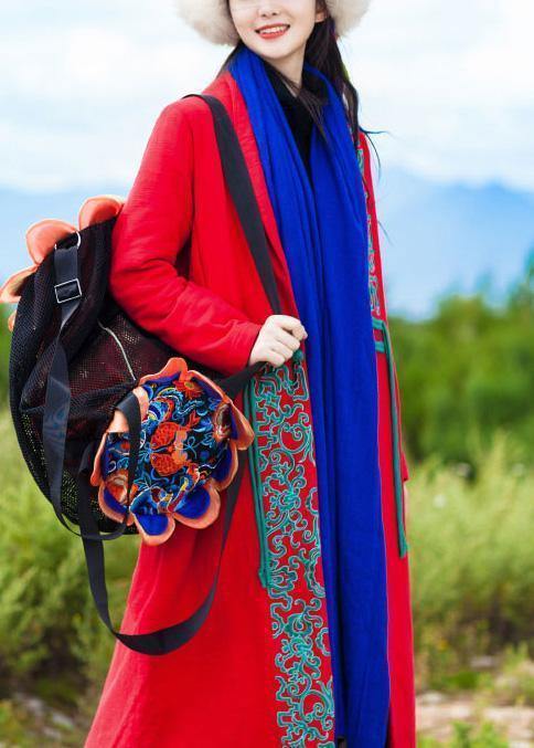 Casual red coat oversized down jacket embroidery winter overcoat - SooLinen