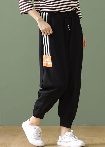 Casual side striped lace-up plus size cropped harem pants - SooLinen