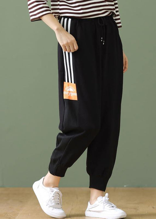 Casual side striped lace-up plus size cropped harem pants - SooLinen