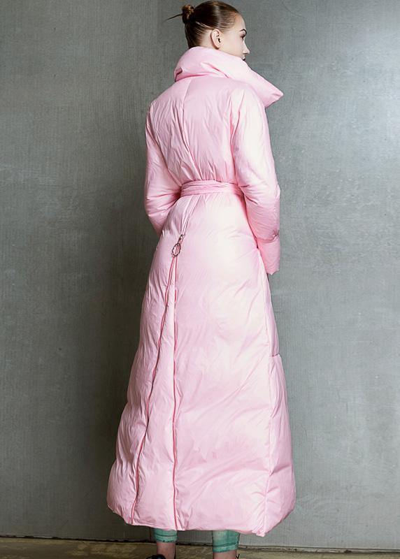 Casual winter jacket tie waist coats pink lapel collar warm winter coat - SooLinen