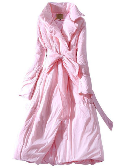 Casual winter jacket tie waist coats pink lapel collar warm winter coat - SooLinen