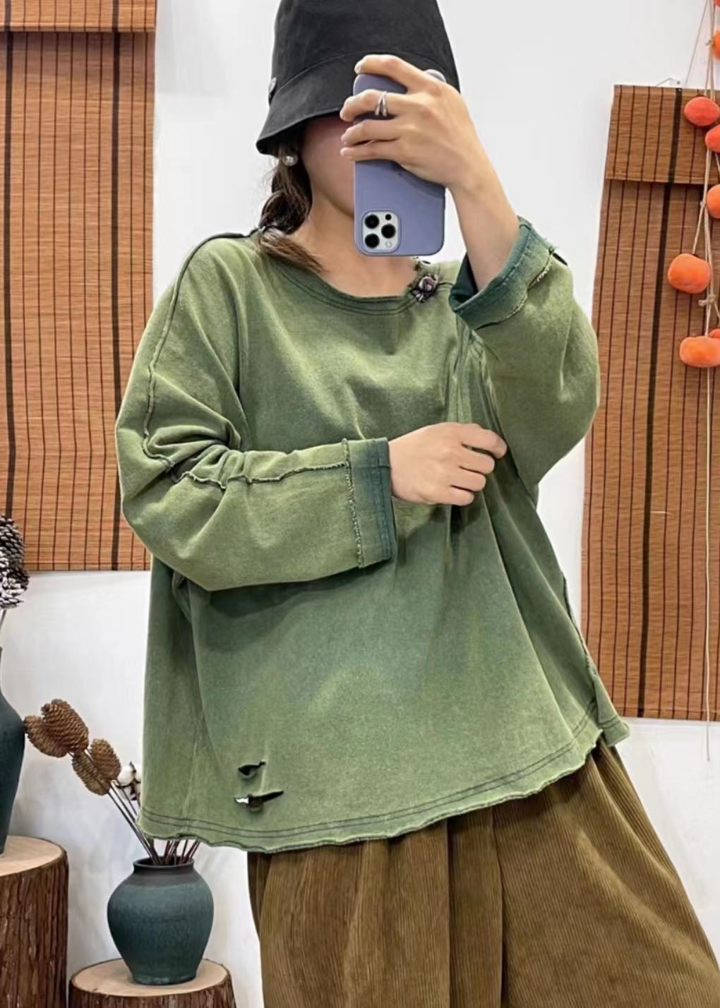 Lässige grüne V-Ausschnitt seitliche offene Tasche Patchwork Tops Frühling