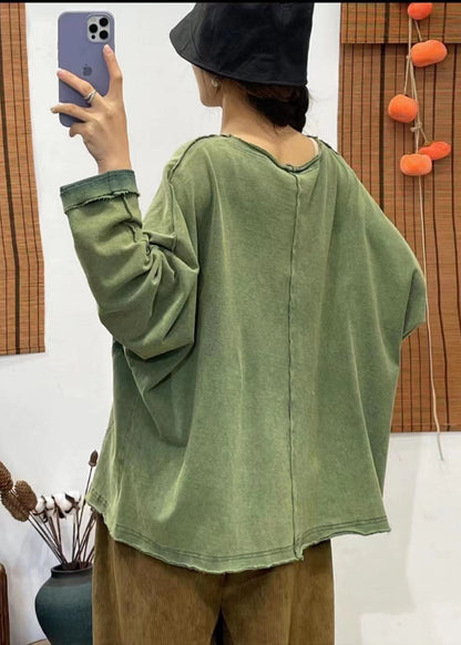 Lässige grüne V-Ausschnitt seitliche offene Tasche Patchwork Tops Frühling