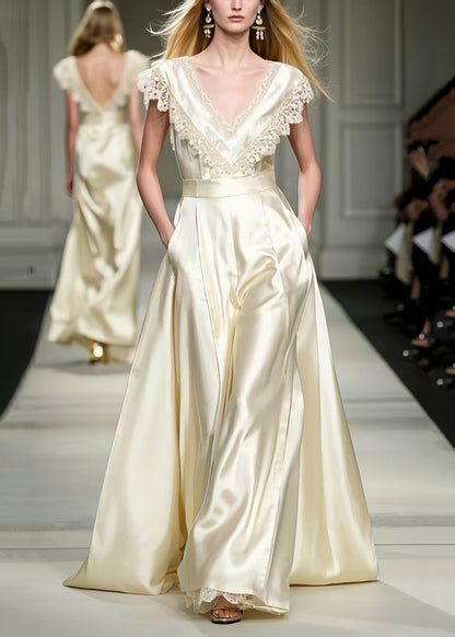 Champagne Patchwork Lace Party Dresses Exra Large Hem Summer