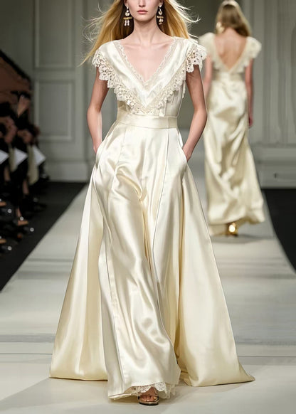 Champagne Patchwork Lace Party Dresses Exra Large Hem Summer