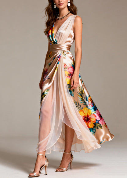 Champagne Patchwork Tulle Silk Holiday Dress Side Open Sleeveless