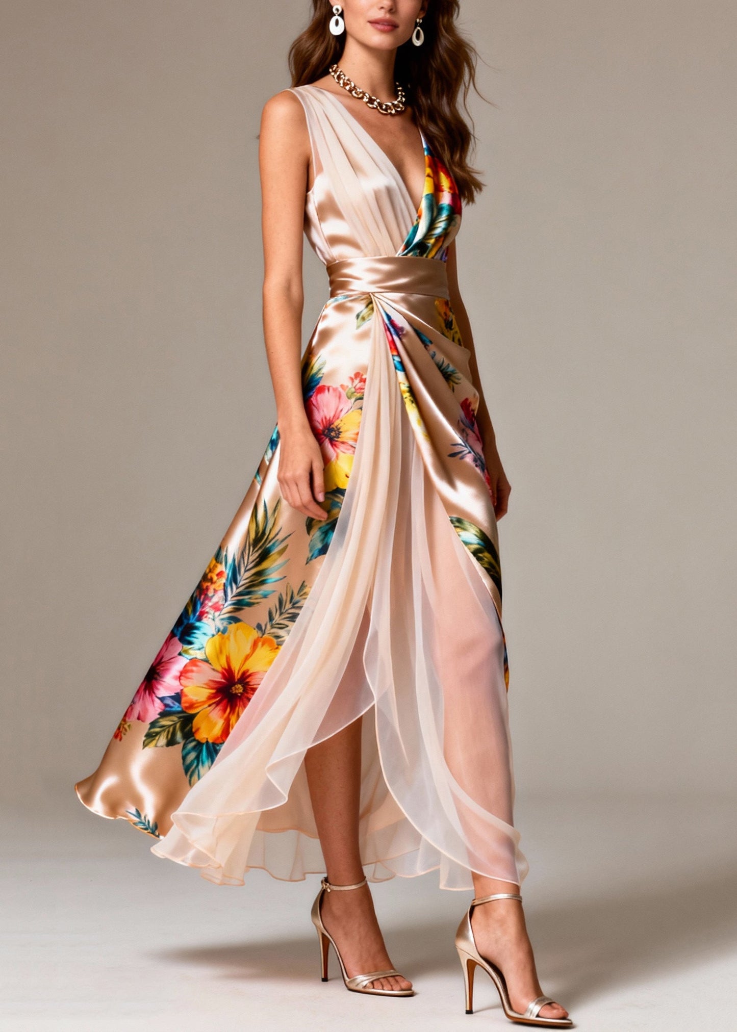 Champagne Patchwork Tulle Silk Holiday Dress Side Open Sleeveless