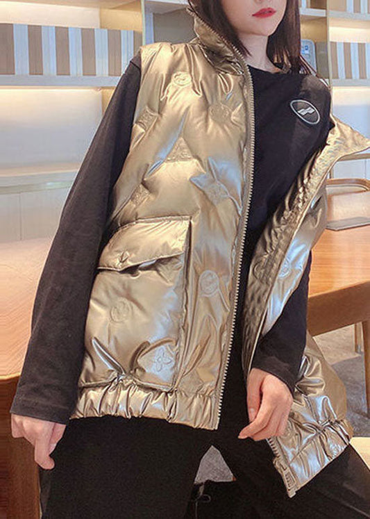 Champagnerfarbene Winter-Daunenweste mit Reißverschlusstaschen und Entendaunen