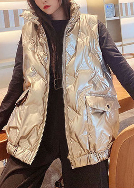 Champagnerfarbene Winter-Daunenweste mit Reißverschlusstaschen und Entendaunen