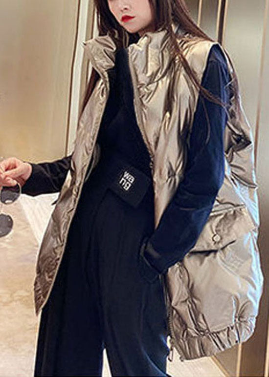 Champagnerfarbene Winter-Daunenweste mit Reißverschlusstaschen und Entendaunen