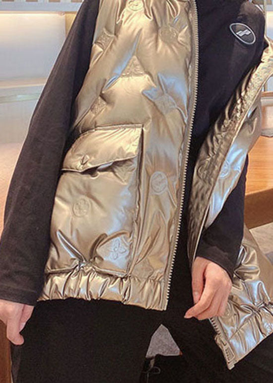 Champagnerfarbene Winter-Daunenweste mit Reißverschlusstaschen und Entendaunen