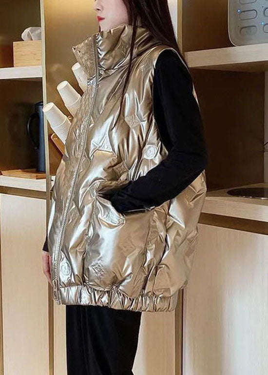 Champagnerfarbene Winter-Daunenweste mit Reißverschlusstaschen und Entendaunen