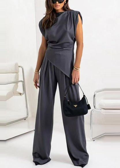 Charcoal Grey Cotton Two Piece Set Women Clothing Asymmetrical Sleeveless