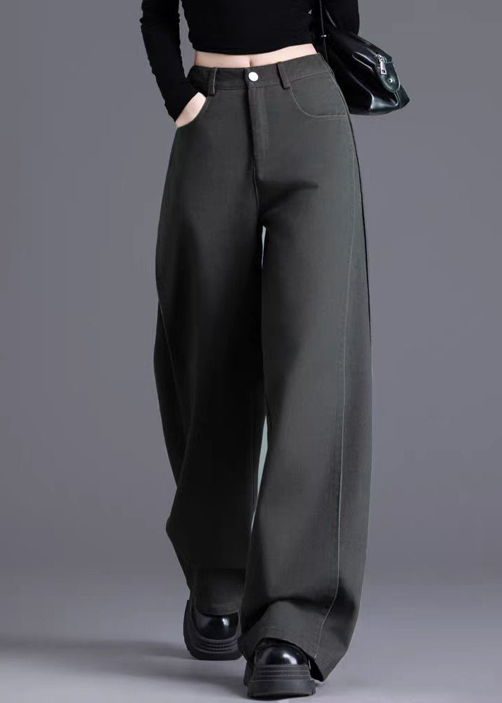 Charcoal Grey Denim Wide Leg Pants Oversized Wrinkled Spring