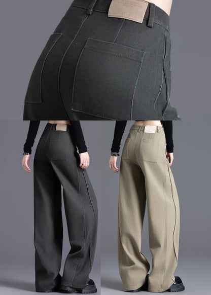 Charcoal Grey Denim Wide Leg Pants Oversized Wrinkled Spring