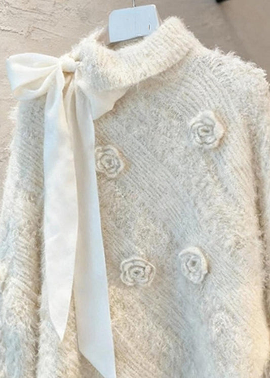 Chic Apricot Asymmetrical Bow Patchwork Cotton Knit Sweater Spring