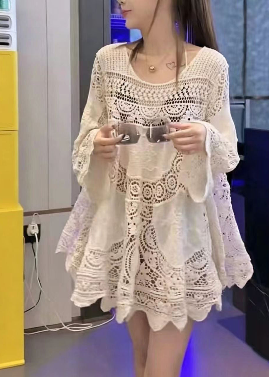 Chic Apricot Hollow Out Mini Dress Long Sleeve