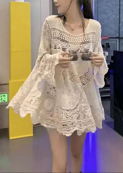 Chic Apricot Hollow Out Mini Dress Long Sleeve