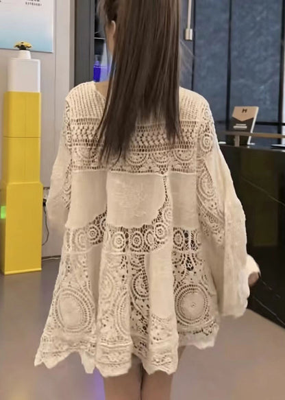 Chic Apricot Hollow Out Mini Dress Long Sleeve