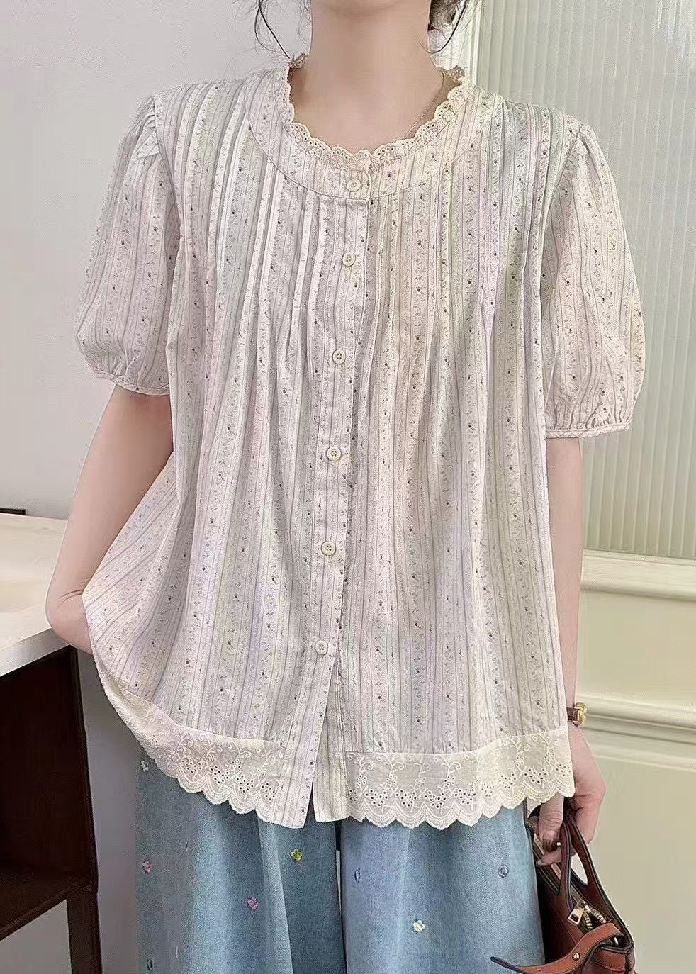 Chic Apricot Oversized Patchwork Cotton Top Summer