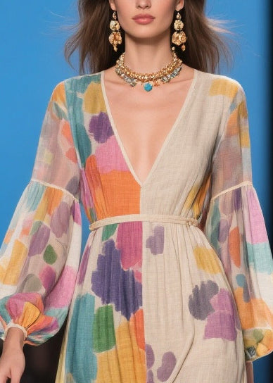 Chic Apricot Print Patchwork Lace Holiday Dress Lantern Sleeve