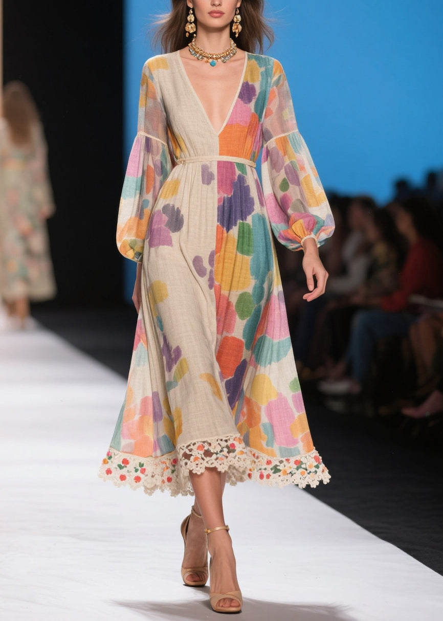 Chic Apricot Print Patchwork Lace Holiday Dress Lantern Sleeve