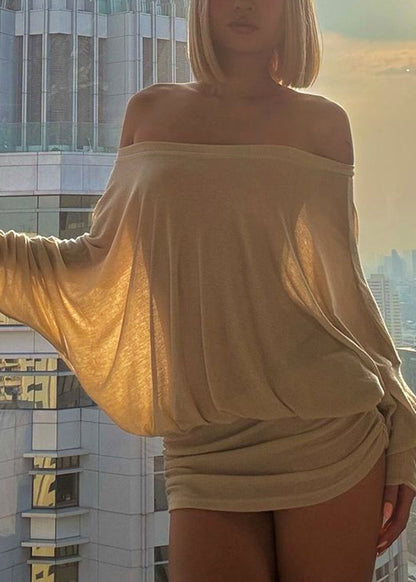 Chic Apricot Slash Neck Wrinkled Cotton Mini Dress Summer