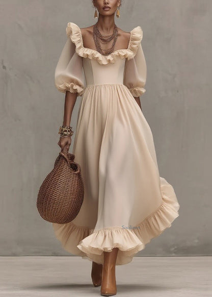 Chic Apricot Square Collar Wrinkled Long Dress Half Sleeve
