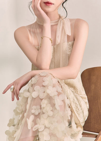 Chic Apricot Tulle Patchwork Floral Vacation Maxi Dresses Summer