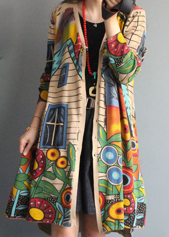 Chic Apricot V-Ausschnitt Button Print Herbst Strick Loose Coat Langarm