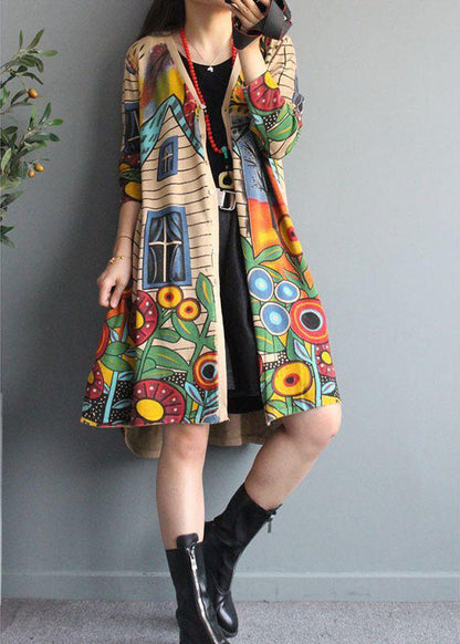 Chic Apricot V-Ausschnitt Button Print Herbst Strick Loose Coat Langarm