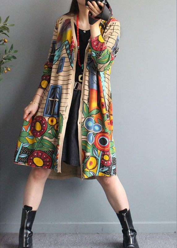 Chic Apricot V-Ausschnitt Button Print Herbst Strick Loose Coat Langarm