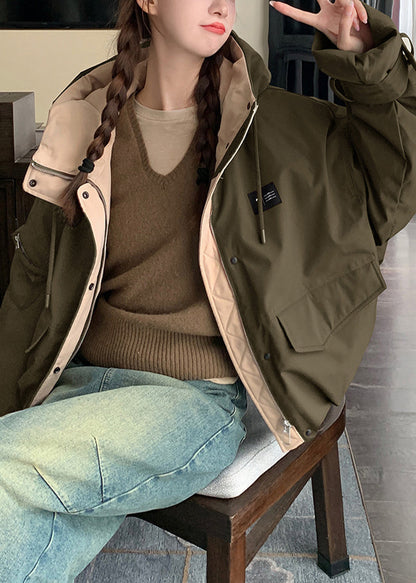 Parkas elegantes de invierno con capucha y relleno de algodón fino de patchwork verde militar