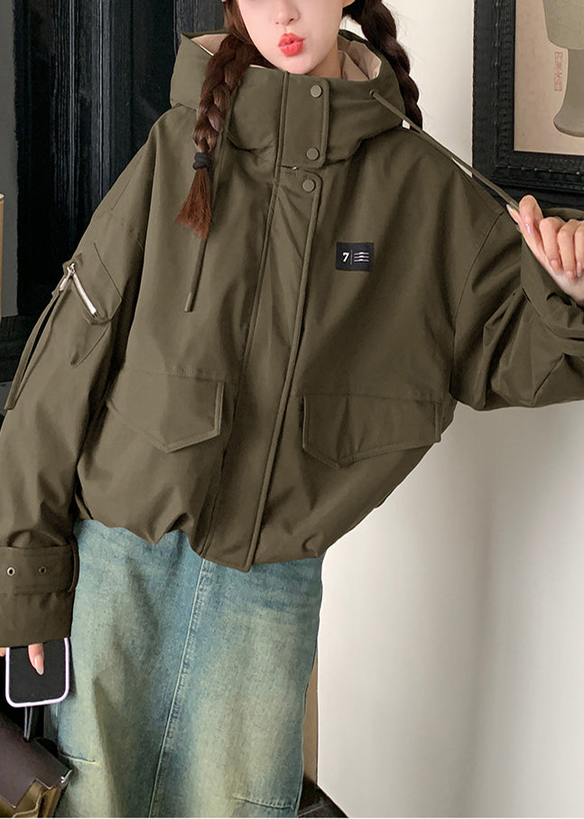 Parkas elegantes de invierno con capucha y relleno de algodón fino de patchwork verde militar