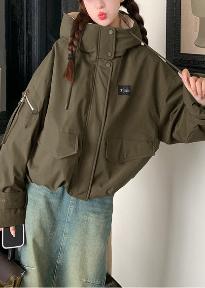 Parkas elegantes de invierno con capucha y relleno de algodón fino de patchwork verde militar