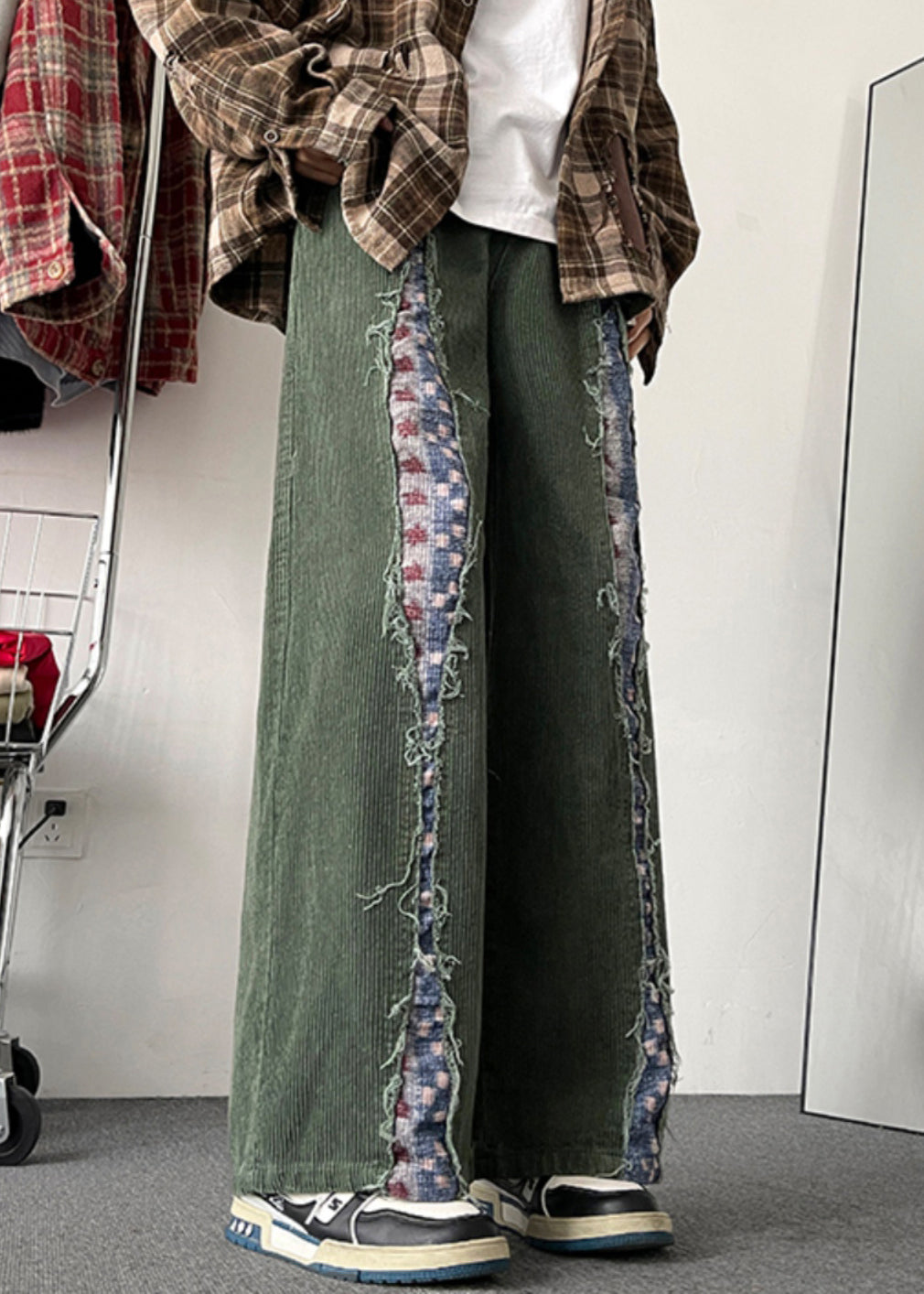 Chic Army Green Original Design Patchwork Corduroy Mens Pants Fall