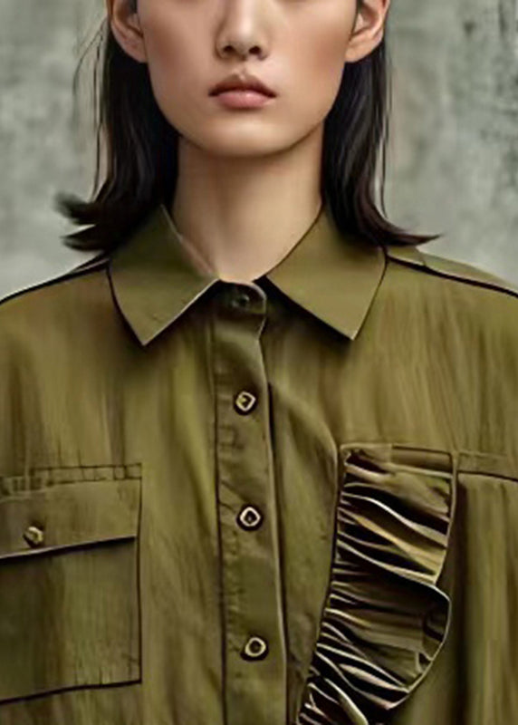 Schicke armeegrüne Rüschen-Baumwollbluse Tops Flare Sleeve