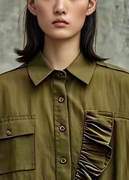 Schicke armeegrüne Rüschen-Baumwollbluse Tops Flare Sleeve