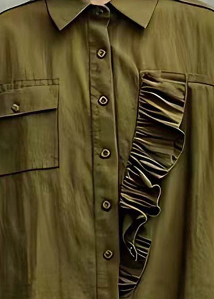 Schicke armeegrüne Rüschen-Baumwollbluse Tops Flare Sleeve