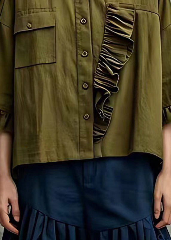 Schicke armeegrüne Rüschen-Baumwollbluse Tops Flare Sleeve
