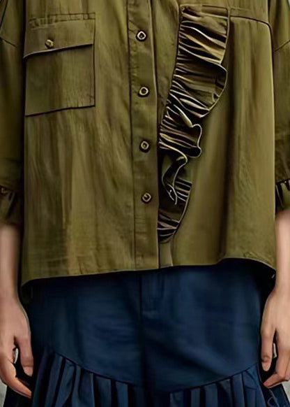 Schicke armeegrüne Rüschen-Baumwollbluse Tops Flare Sleeve