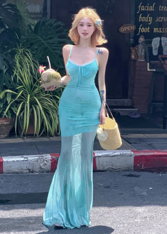 Chic Backless Print Tulle Spaghetti Strap Dress Summer