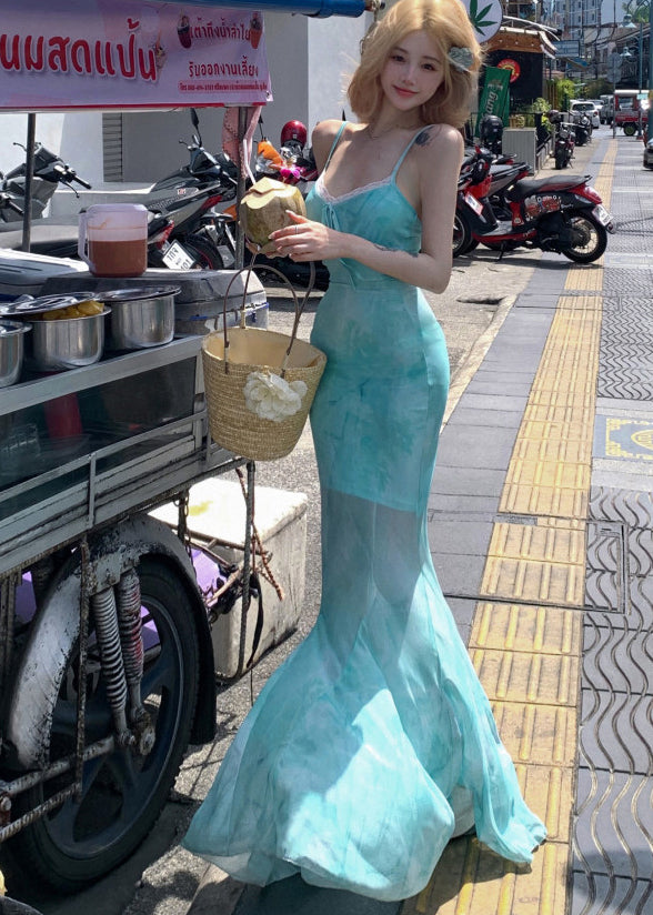 Chic Backless Print Tulle Spaghetti Strap Dress Summer