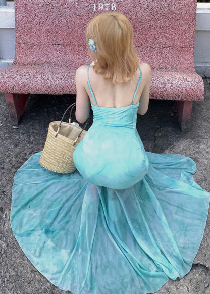 Chic Backless Print Tulle Spaghetti Strap Dress Summer