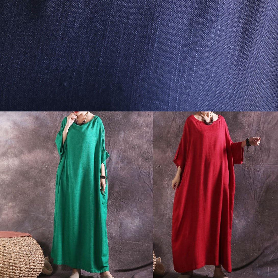 Chic Batwing Sleeve cotton linen dress Tutorials green o neck Dress summer - SooLinen
