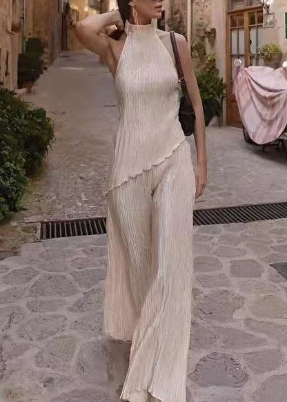 Chic Beige Asymmetrical Cold Shoulder Women Sets 2 Pieces Summer
