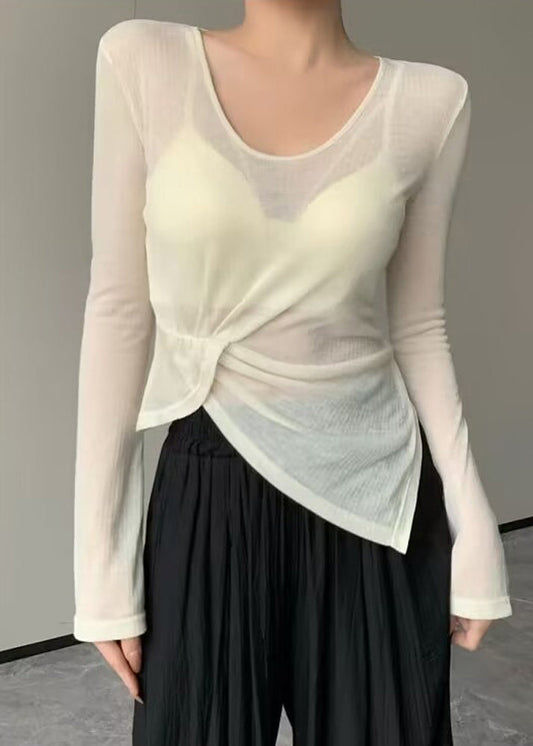 Chic Beige Asymmetrical Wrinkled Ice Silk Yoga Top