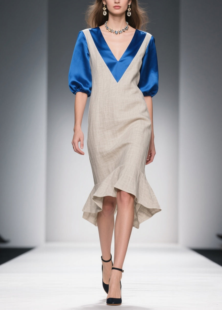 Chic Beige Double-V Neck Patchwork Linen Silk Long Dresses Summer