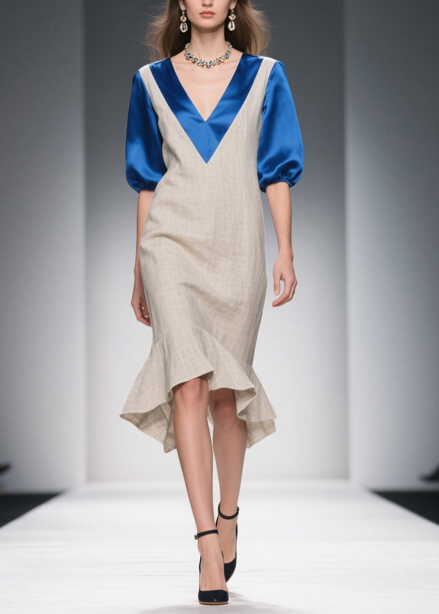 Chic Beige Double-V Neck Patchwork Linen Silk Long Dresses Summer