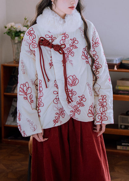 Parka elegante de invierno con botones chinos bordados y cuello de piel beige, rellena de algodón